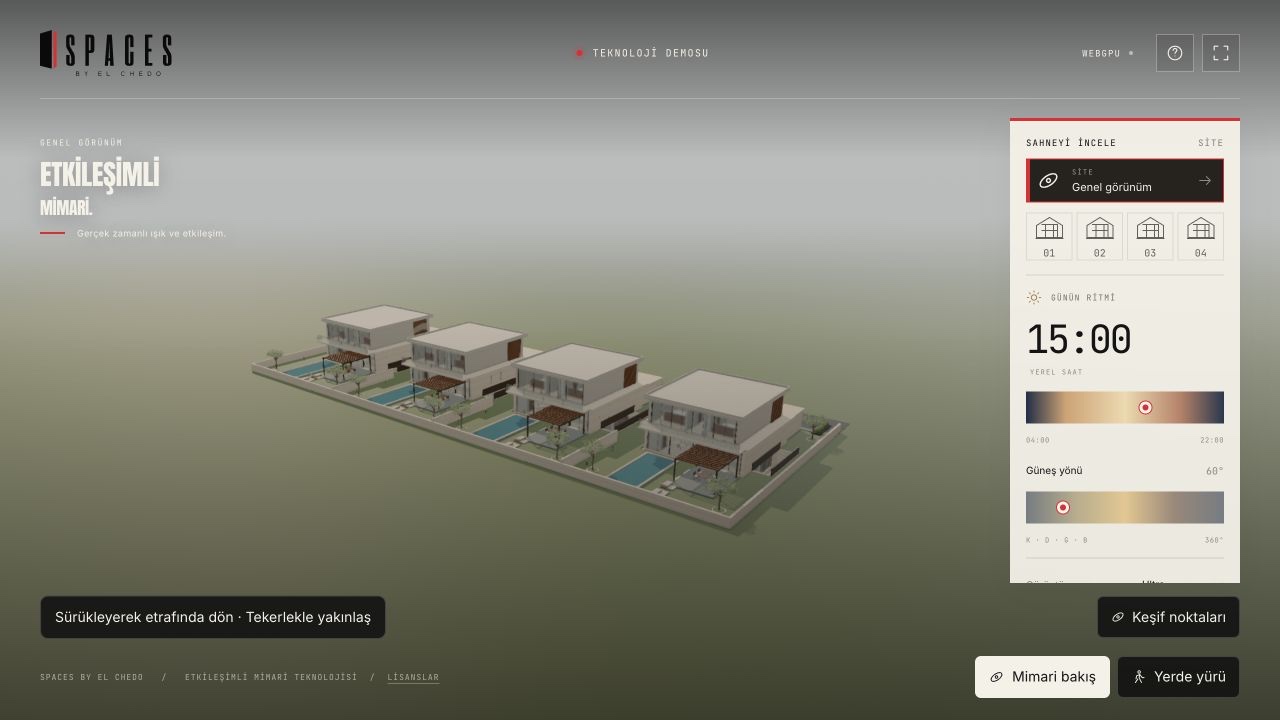 Spaces By El Chedo canlı demosunda dört villanın genel görünümü, villa seçimi ve gün ışığı kontrolleri.